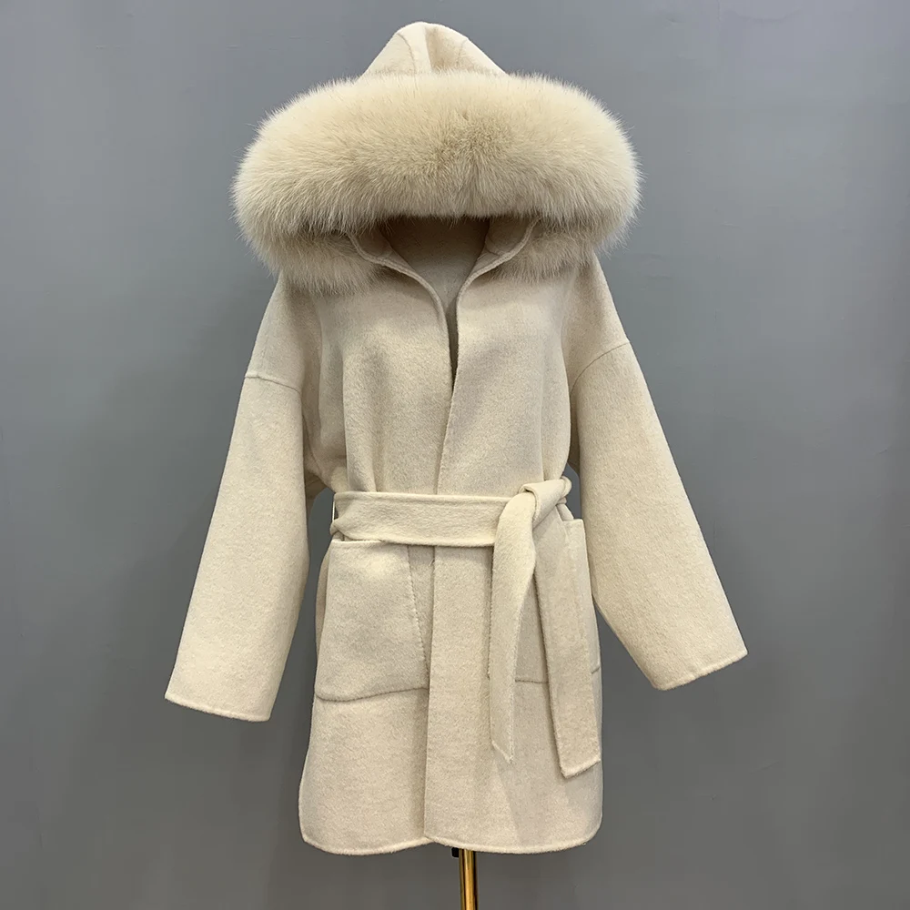 Winter Women's Fashion Real Sheep Wool Coat Fur Trim Coats Fox