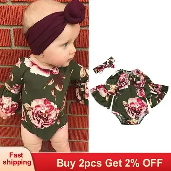 

Mayfair Cabin 2020 New Summer Korean Version of The Girl's Body Floral Hair Band Two-piece Trumpet Sleeves Green Floral baby