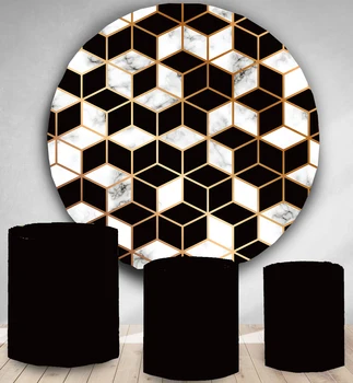 

Round Circle backdrop photo background Black and marble cubes adult birthday party decor candy dessert table cover YY119
