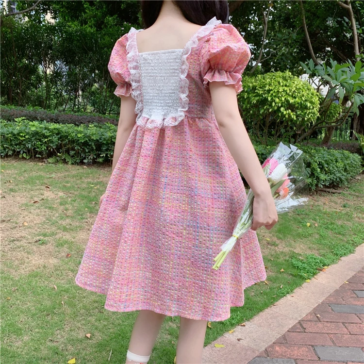 Japanese Summer Soft Girl College Style Dress Sweet Lace Square Collar Lace Bow Kawaii Puff Sleeve Dress Plaid Fluffy Dresses