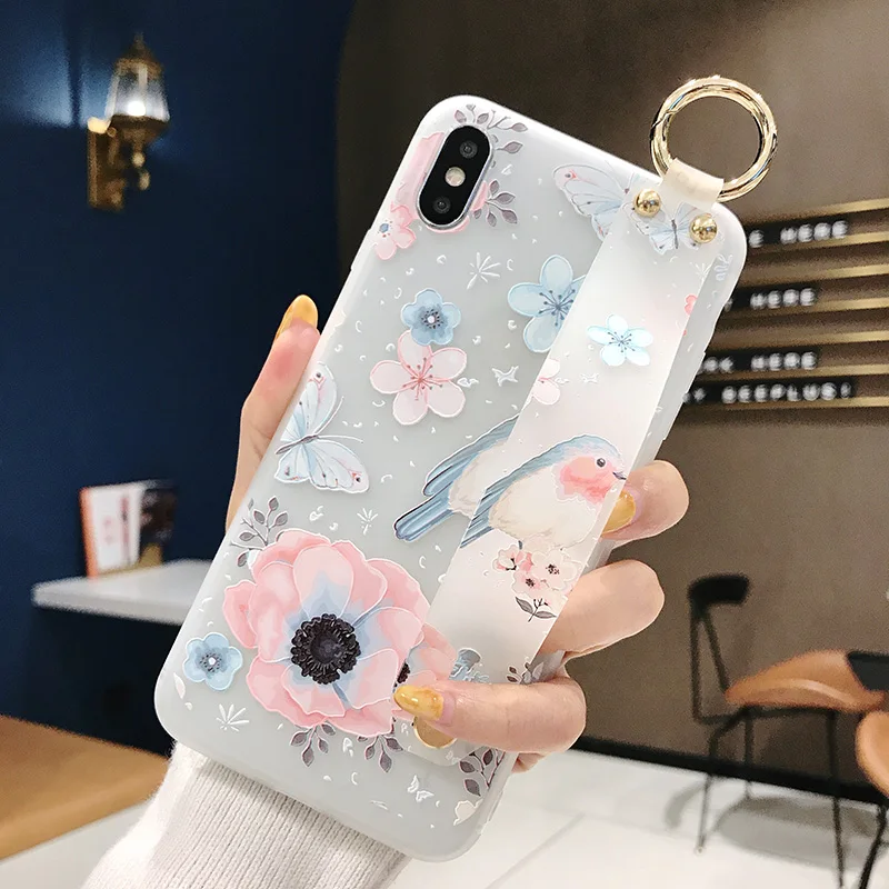 SoCouple Flower Soft TPU Wrist Strap Case For iphone 7 8 6 6s plus X Xs max XR Relief Floral Phone Holder Case Transparent Cover (3)