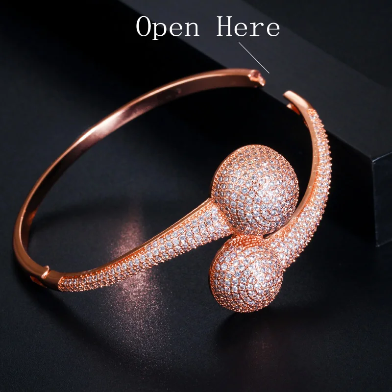 CWWZircons полный Micro Pave CZ циркония круглый шар 585 розовое золото открытый жесткий браслет для свадьбы Дубай Свадебные ювелирные изделия BG040