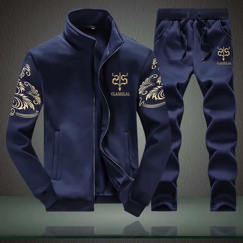 Новые мужские комплекты модный спортивный костюм брендовый лоскутный свитер на молнии+ спортивные штаны мужская одежда Комплекты из 2 предметов облегающая спортивная одежда - Цвет: Blue