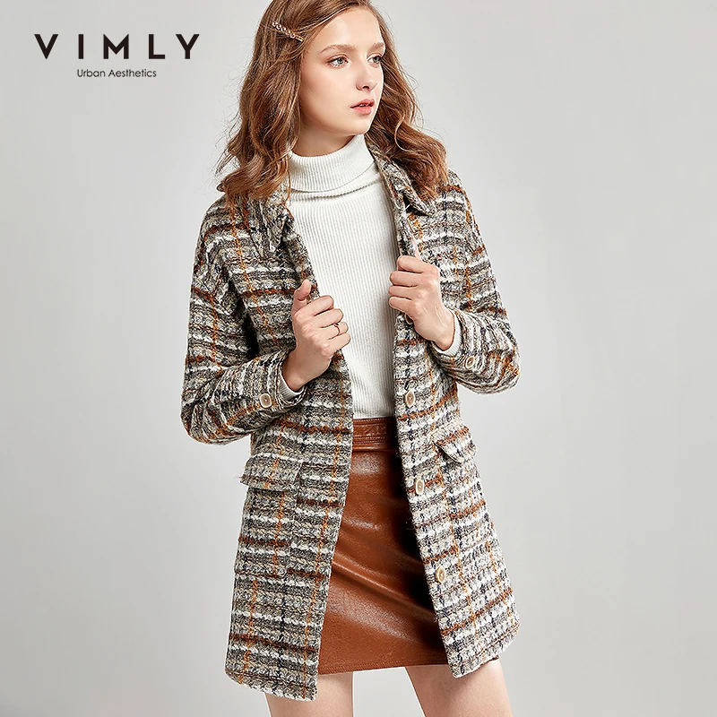 Vimly пальто и куртки для женщин зимнее клетчатое шерстяное модное с отложным воротником однобортное толстое