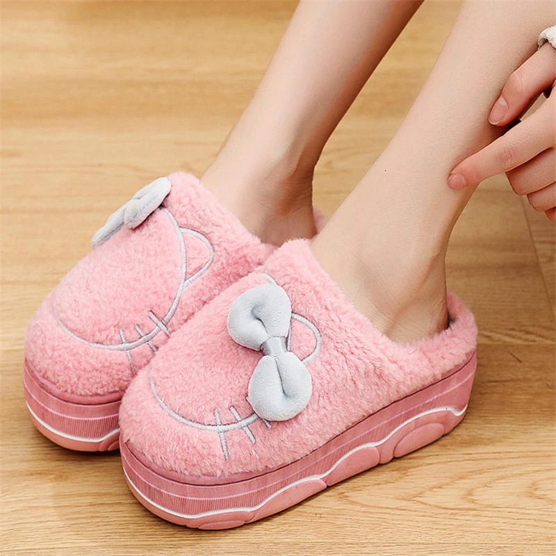 

Fashion Women Fur Slippers Winter Warm 5cm High Heels Thick Bottom Fur Slippers Cute Cat Bow Ladies Indoor Outdoor Home Shoes