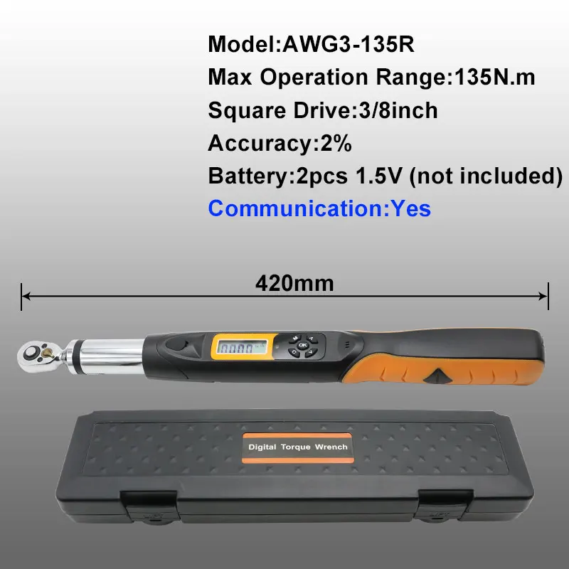 Цифровой Динамометрический ключ Shahe 3/8, разводной гаечный ключ, двунаправленный Трещоточный ключ, высокая точность, динамометрический ключ, цифровая серия AWG3 - Цвет: AWG3-135R