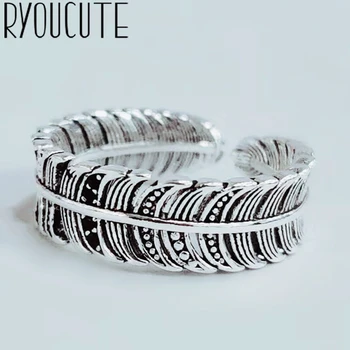 

Wholesale Real Silver Color Big Feather Rings For Women Big Antique Rings Finger Jewelry High Quality