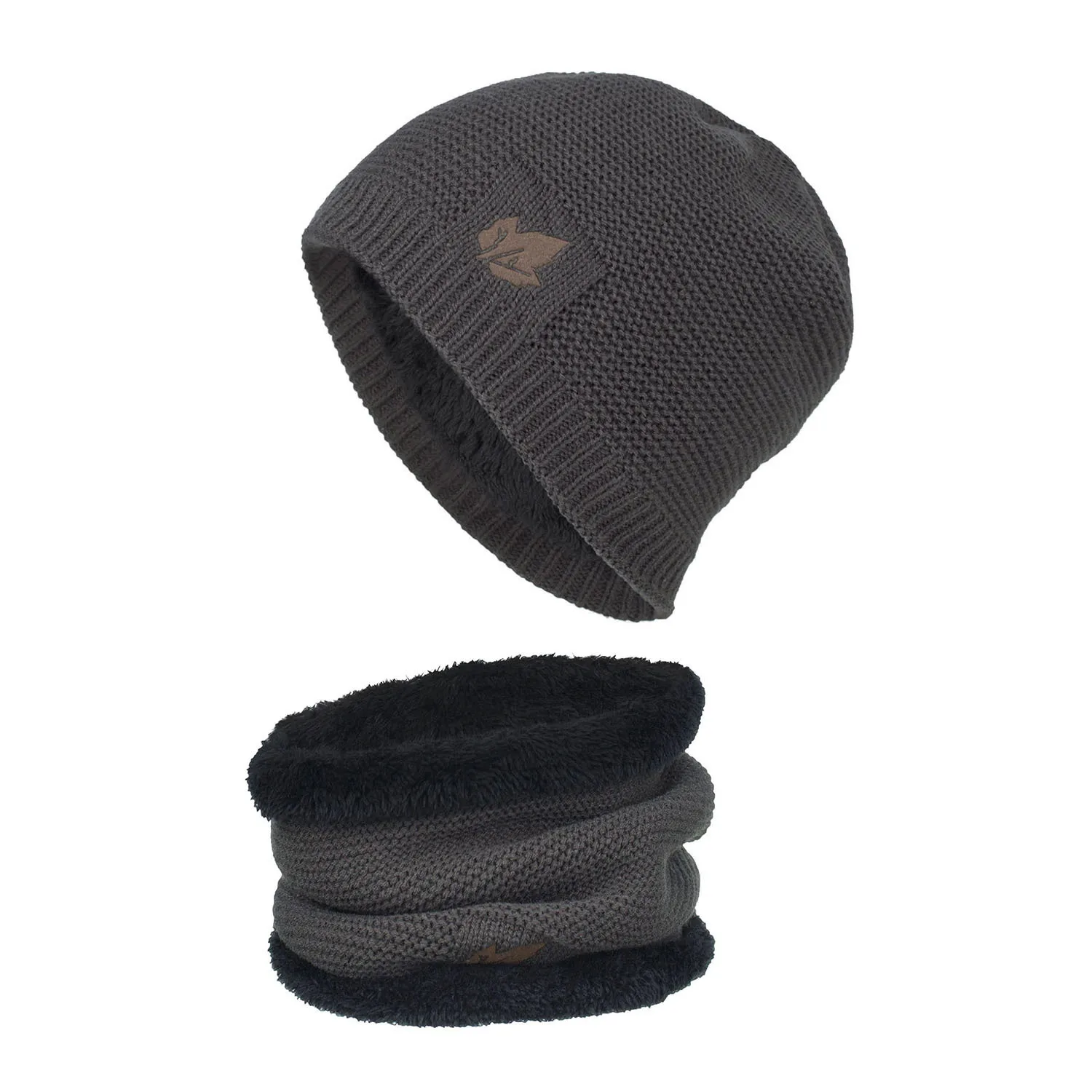 RoxCober, новинка, вязаные шапки Skullies, шапка с воротником, снуд для мужчин и женщин, береты-кепки Gorros, Мужская теплая однотонная зимняя шапка, шапка, комплект - Цвет: Gray Set