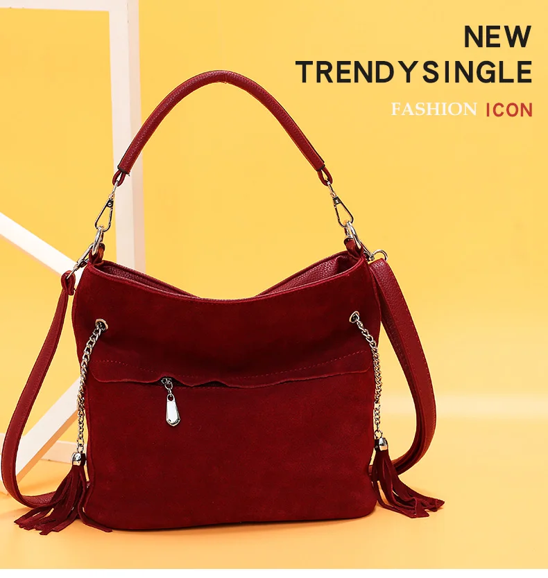 Faux Suede Handbag Luxury Brand Shoulder Bags for Women 2019 Tassel Bucket PU Leather Crossbody Bag Vintage Hobo Messenger Purse (2)