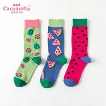 Caramella 3 пар/лот женские носки Харадзюку цветные фруктовые длинные хлопковые носки забавные носки для девочек с рисунком арбуза