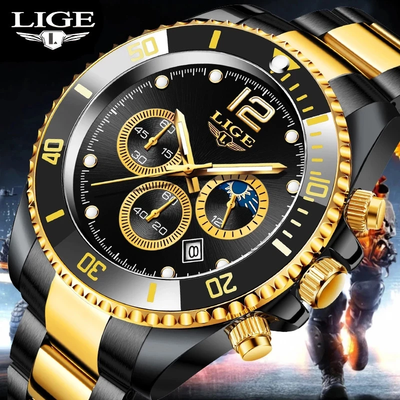 

LIGE Top Brand Luxury Fashion Diver Gold Mens Watches Waterproof Date Clocks Sport Watch Man Quartz Wristwatch Relogio Masculino