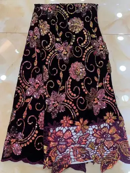 

Latest Lace Fabric High Quality African Velvet Lace Fabric With Gold Black Sequins Embroidery Tulle Lace Fabric For Wedding