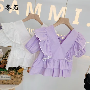

Little Girls Shirts Ruffle Summer Children's Clothing V-neck Toddler Girls Solid Blouses Short Sleeves Kids Girls Shirts Tops