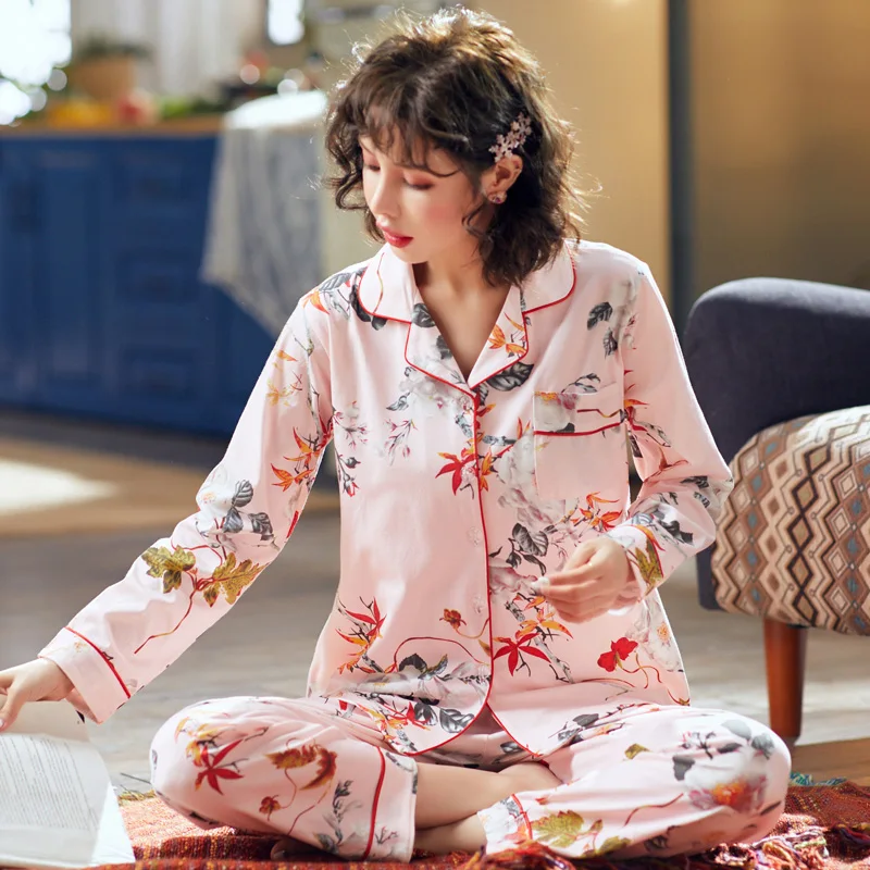 

Autumn Winter Long Tops Set Female Pajama Set 100% Cotton cute printing Pyjamas Women Loose Leisure Sleepwear solid pijama mujer