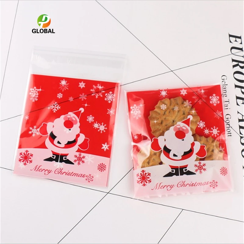 

D&P 100pcs 10X10+3cm Christmas Day Cookie Candy Bread Packaging Self-adhesive Plastic Biscuits Snack Baking Package cute bags