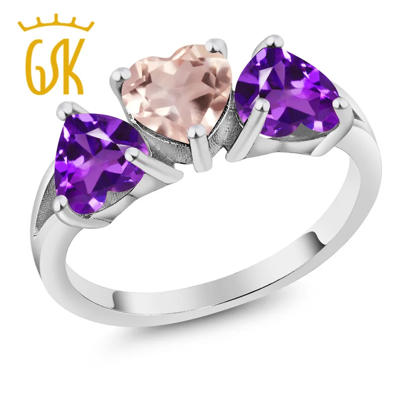 GemStoneKing 2 00 Ct Сердце Роза кварц Фиолетовый аметист Серебро 925 пробы кольцо из 3