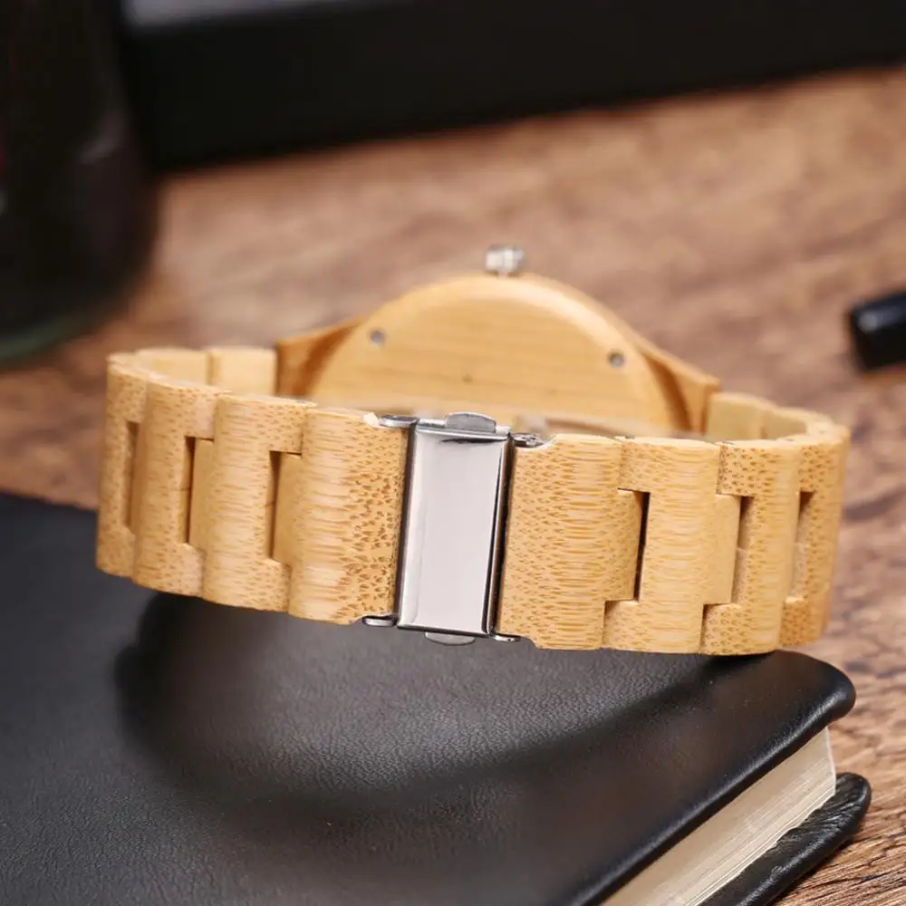 Japanese Watch Men Fashion Wrist Watch Round Dial Bamboo Band Butterfly Clasp No Number Analog Quartz Wrist Watches Clock Gift