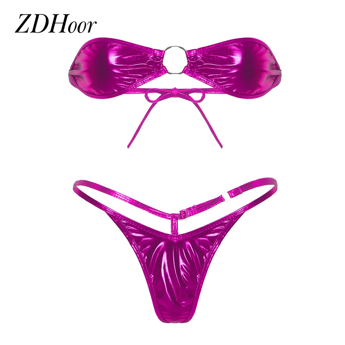 

Women Exotic Lingerie Set Club Party Wear Shiny Metallic Micro Mini Bikini Set Strapless Mini Bra Top with Thong G-String Briefs