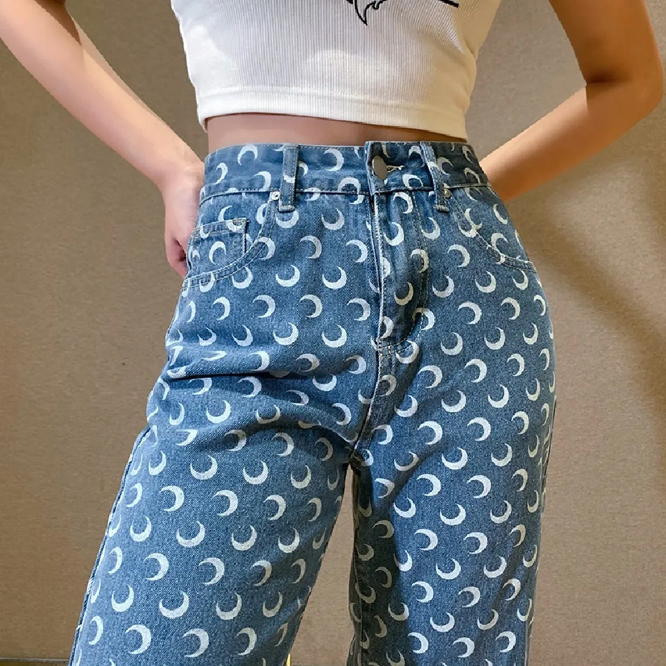 slim fit Moon Print Pants Straight Leg Mom Jeans Women High Waist Denim Trousers Slim Streetwear 2021 Fashion Y2k Style Baggy Clothing cargo pants for women