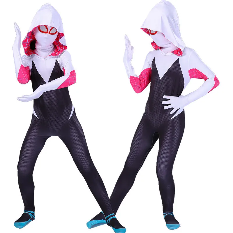 

New Spider Gwen Stacy Spandex Lycra Zentai Spiderman Costume For Halloween Mask Cosplay Women Female Spider Suit Anti-Venom Gwen