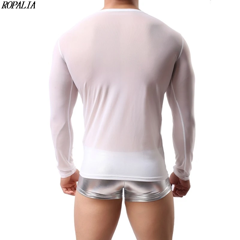 Men's Sports Sheer Tight Muscle Long Sleeve See Through Mesh Shapers O-Neck Casual Stylish Soft Shaper