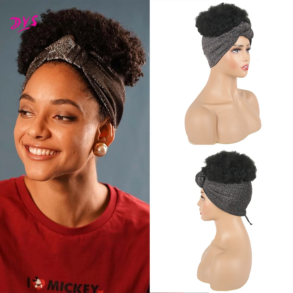 1High Puff Turban Ponytail Short Kinky Curly Headwrap Drawstring Wrap-Ponytail 2 in 1 Updo Head-Wrap Wig Turban African American