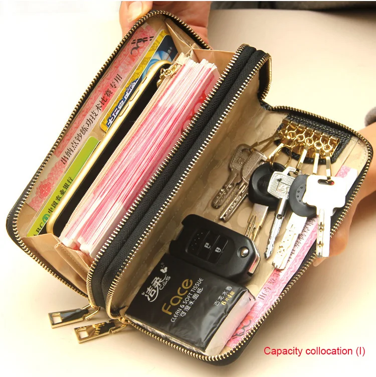 

women's wallet double zipper female vrouwen echt lederen genuine leather patent female wallet varnished key case sac femme 2019