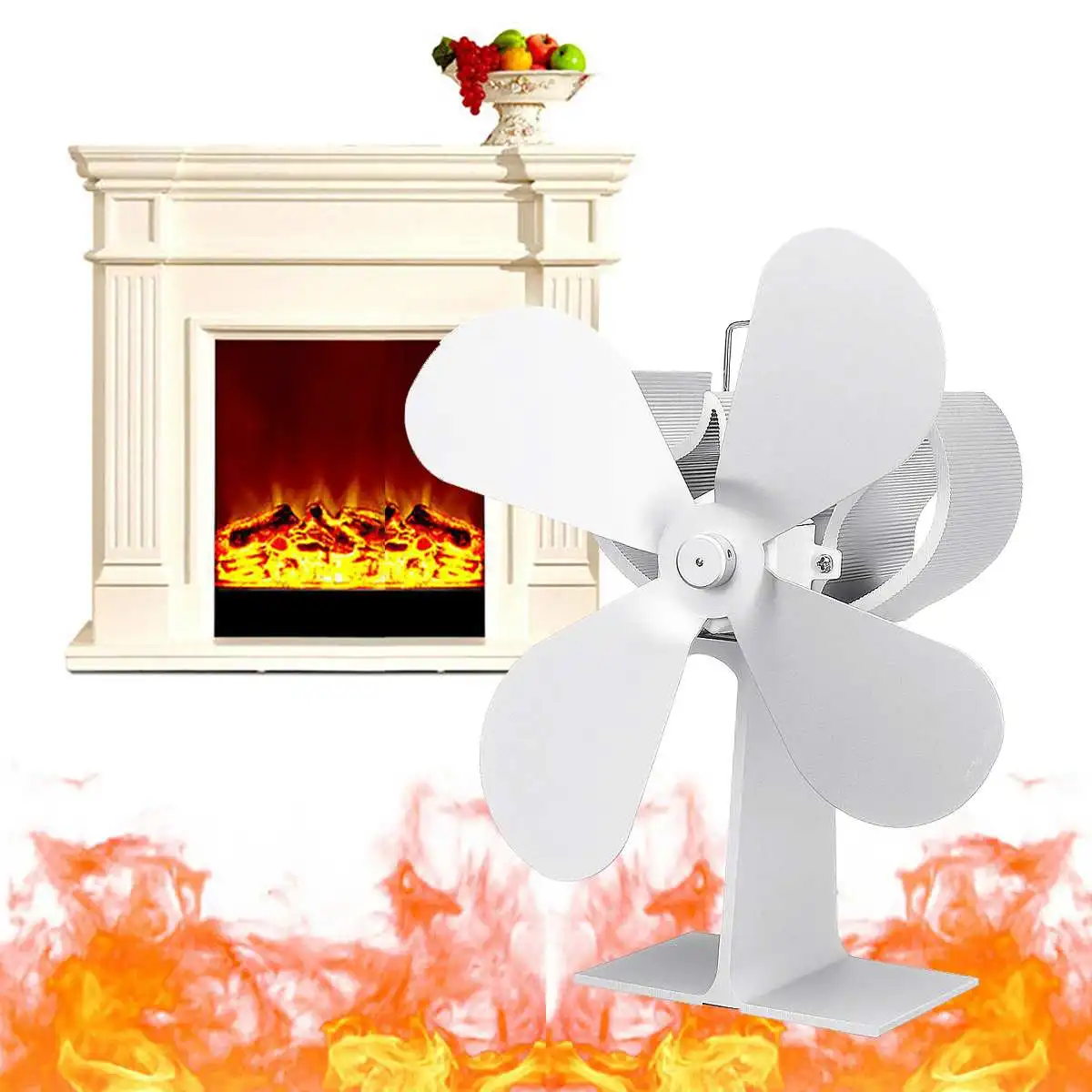 

Hot WHITE Fireplace 4 Blades Heat Powered Stove Fan Log Wood Burner Eco Friendly Quiet Fan Home Efficient Heat Distribution