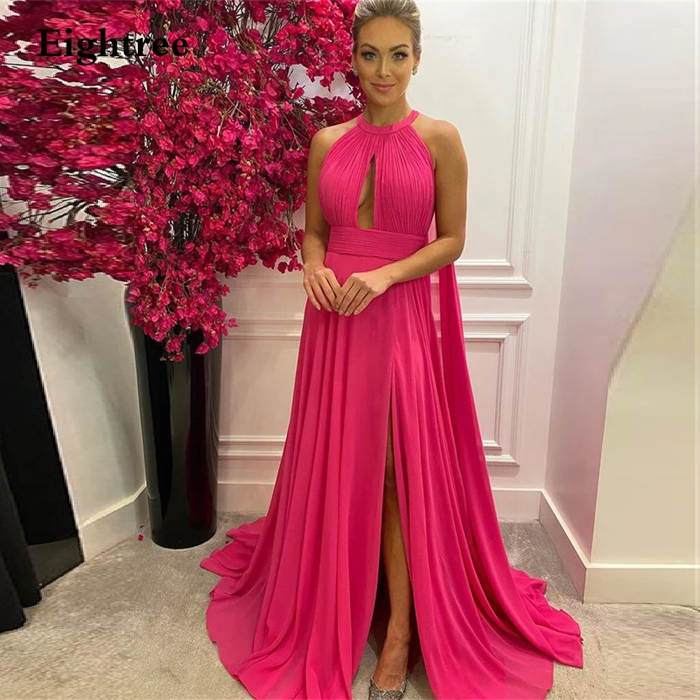 

Eightree Sexy O Neck Long Saudi Arabia Prom Party Dresses Chiffon Red Sleeveless Formal Night Evening Gowns Pink Robe de mariee