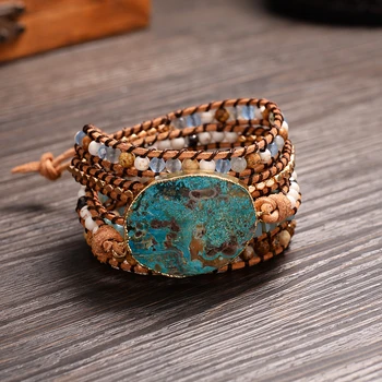 

Handmade Faceted Beaded 5 Wrap Couple Bracelets Ocean Oval Stones Quality Holiday Jewelry