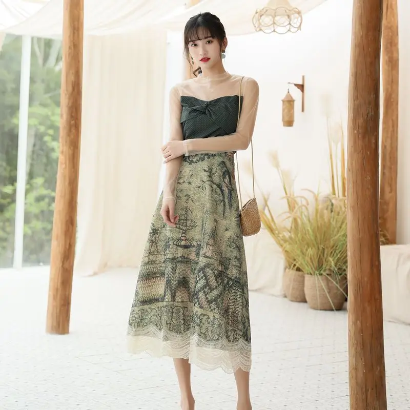 Summer Sweet 2 piece Set Women Short Vintage Green Mesh Patchwork Tops +Mid-length Slim Print Skirt 2020 New Fashion Office Sets | Женская