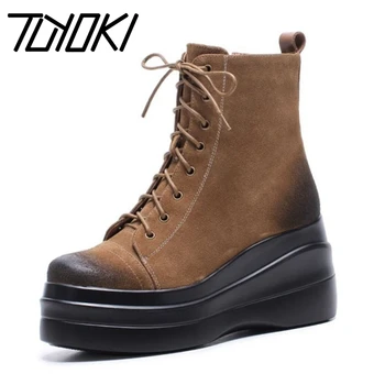 

Tuyoki 2020 New Arrival Real Leather Ankle Boots Thick Bottom Fashion Lace Up Boots Outdoor Botas Mujer Footwear Size 34-39