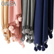OMEA, Женский Одноцветный кашемировый шарф с мехом Ангорского Кролика, помпон-кисточка, длинный шарф, Женская шаль, зимний шарф высокого качества