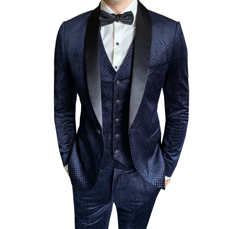 

2019 Autumn Velvet men Suits dress Navy-blue one-button dot printed Event party Dinner grooms wedding mens suit warmer 3 piece