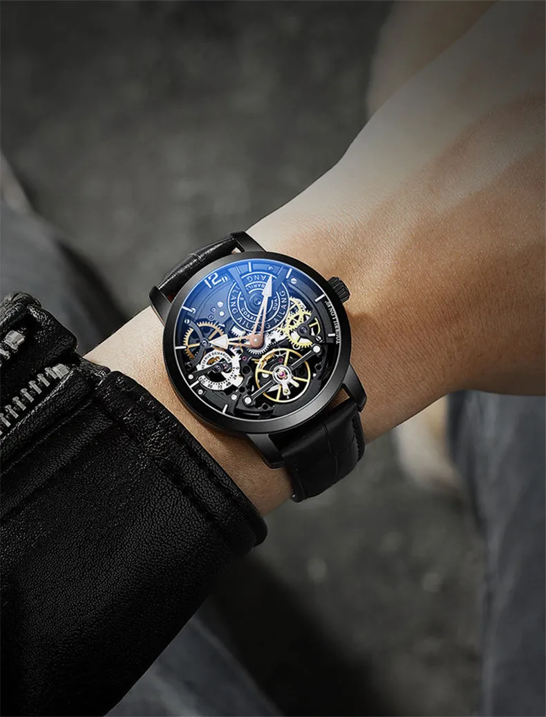 AILANG Скелет автоматические механические часы для мужчин часы кожаный и стальной ремешок Черный Турбийон часы водонепроницаемый для мужчин s часы