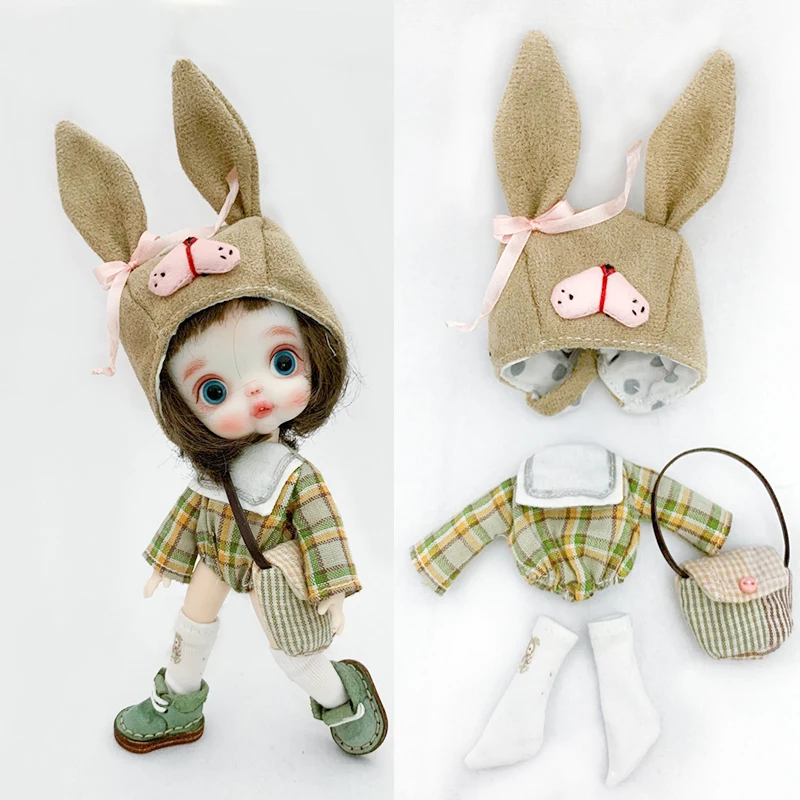 Baby Clothes ob11/gsc/ 1/12 bjd Dolls 4 piece = long-sleeved shirt + rabbit ear hat socks school bag | Игрушки и хобби