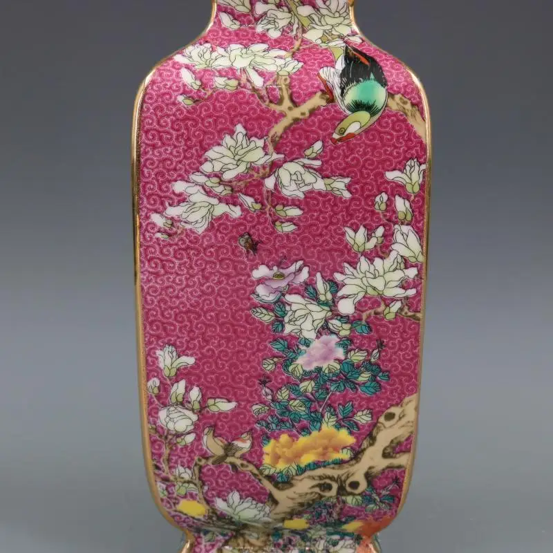 Qing Dynasty Qianlong Enamel Painted Gold Flowers And Birds Square Vase Home Furnishings Antique Porcelain Collection 3