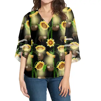 

Custom Clothing ManufacturersCartoon sloth animal Pattern Women Chiffon Blouse V Neck Short Sleeve Casual Top Shirts for Summer