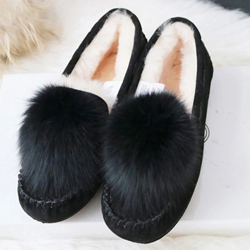 Autumn Winter Suede Shoes Women Flats Genuine Leather Flat Shoes Natural Wool Sheep Fur Natural Ball Fox Fur Women Shoe