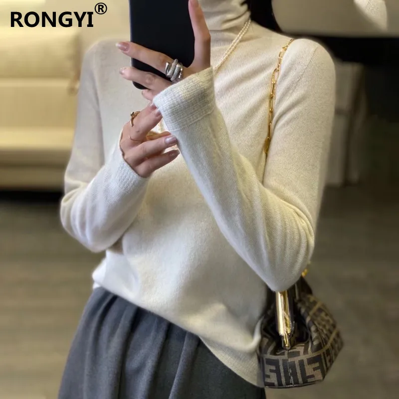 RONGYI Ladies 100%Pure Wool Sweater Spring Autumn New High Neck Tops Large Size Knit Pullover Warm Long-Sleeve Cashmere Sweaters sweater hoodie Sweaters