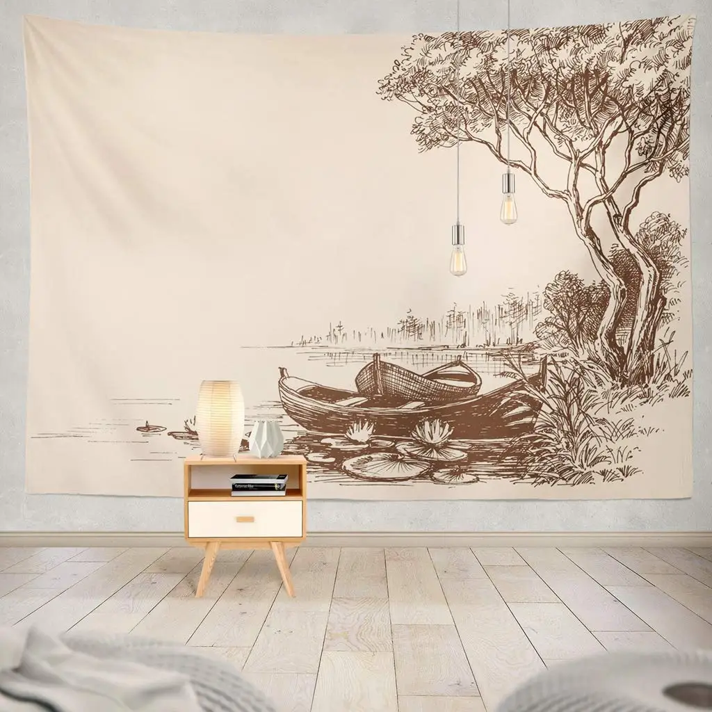 

Sketch River Lake Boat Shore Water Landscape Tree Pencil Scene Art Beauty Decorative Tapestry
