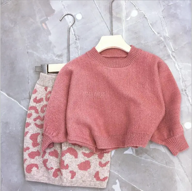 

2019 new wholesale girls 2 pcs knitted set sweater+ skirt fashion cotton autumn winter girls suit 3-8t