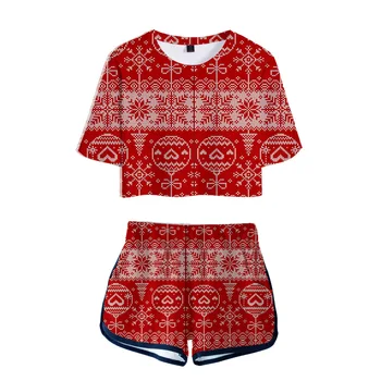 

Women's Two Piece Set Top And Pants Christmas O-neck Short Sleeve Fashion Ladies Streetwear Sets Plus Size Tops And Blouses