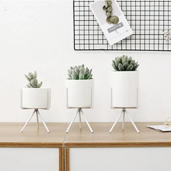 

3PCS Set of Ceramics Ceram Succulent Planter Pot Flowerpot Planter and Truncated Cone Shaped Iron Metal Stand (White)