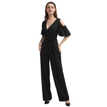 

Women Jumpsuit Romper Short Ruffle Sleeve Sexy V Neck Casual Playsuit Overalls Ladies Wide Leg Loose Pure Playsuit Slim Outfits