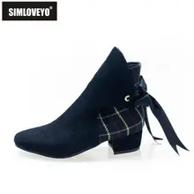 SIMLOVEYO Sweet Women Square Toe Gingham Solid Square Heel Warm Ribbon Lace up Soft Flock Boots Butterfly-knot Size 32-48 Casual