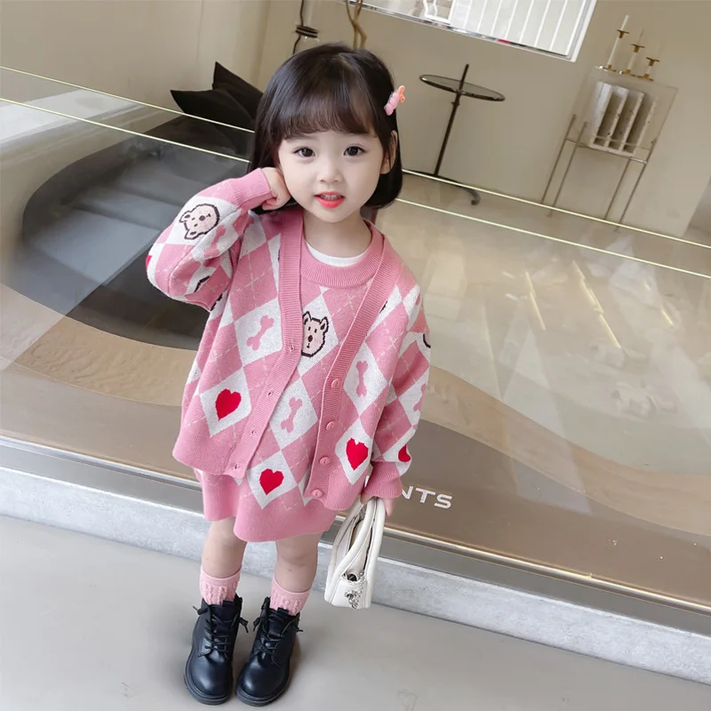 

Toddler Girl Winter Clothes sets new Girls Cartoon Children Casual Clothing Knitted Cardigan Sweater Vest dresses 2 3 4 5 6 7Y