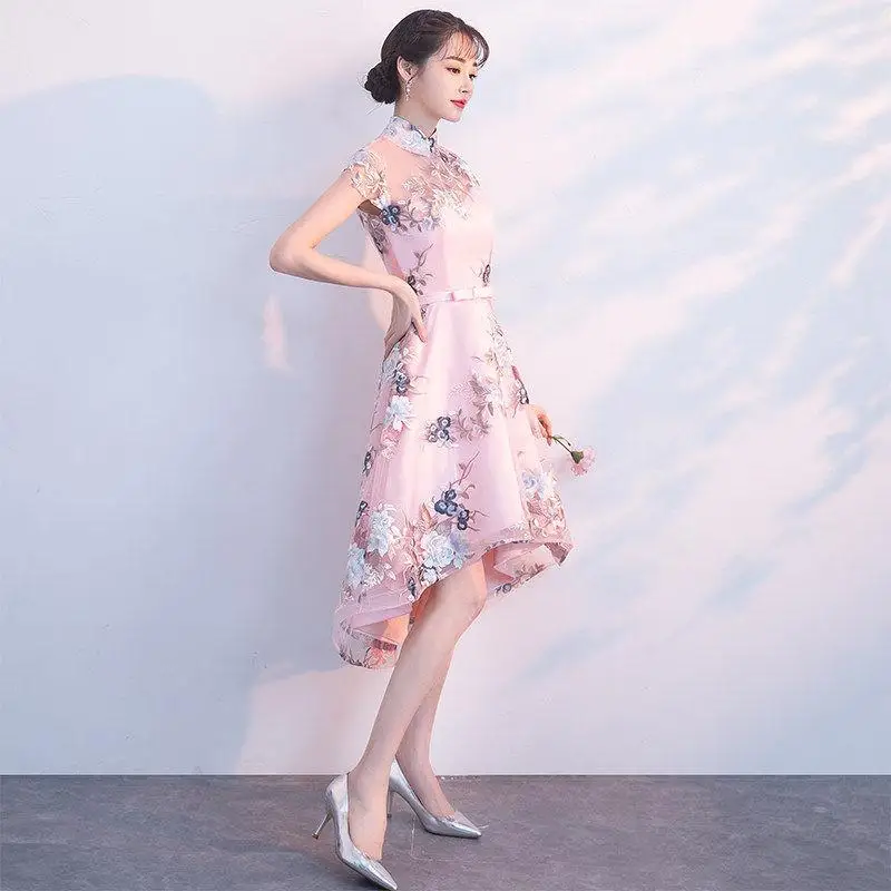 Мандарин Воротник для женщин Cheongsam Сексуальная Persepective Восточный Qipao классический вышивка цветок Элегантное платье для выпускного Robe De Soiree - Цвет: Pink 1