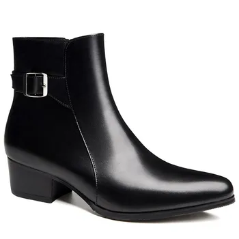 

High Korean Genuine Leather Heel Pointed Men Fashion Spring Autumn Mid-Calf Work Boots Luxury Brand Buckle Dress Shoes New