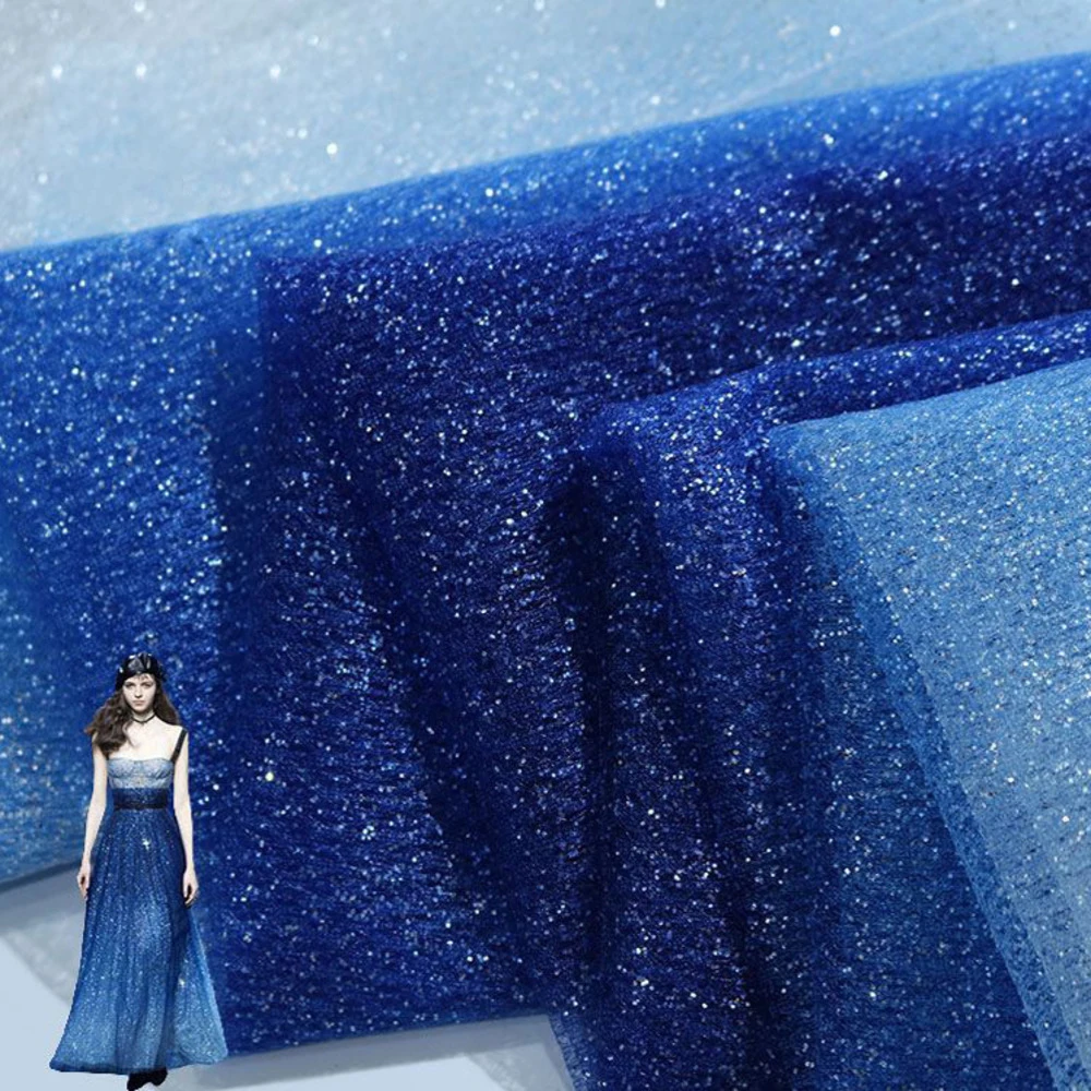 Ширина 150 см темно-синяя постепенная звездное небо Бронзирующая сетчатая ткань Прозрачное платье фоновая ткань Сделай Сам женское свадебное платье ткань